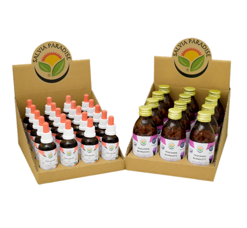 Salvia Paradise product showcase – packaging of tinctures and herbal extracts
